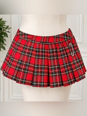 Red Tartan Plaid Pleated Mini Skirt Punk Safety Pin Low Rise Unbranded
